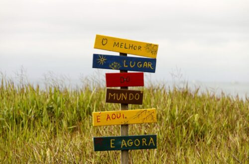 Does Your Language Change You? Vibrant multilingual sign in a grassy field in Guaratuba, Paraná, Brazil, showcasing local charm.